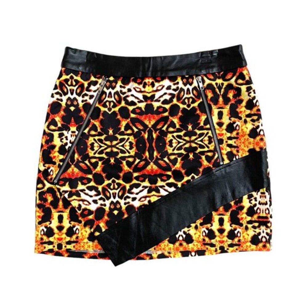 Pure Hype Animal Print Mini Skirt A Line with faux Leather Trim Zippers SZ L NWT
